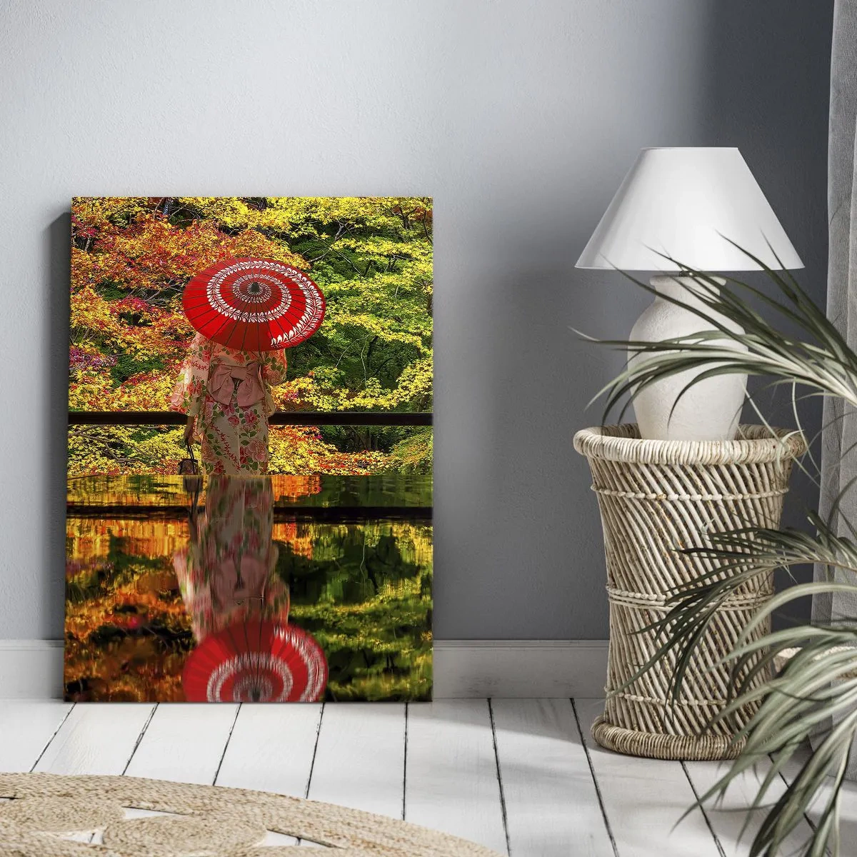 Impression sur toile - Image sur toile - Une femme en kimono avec un parapluie sur fond de paysage d'automne. - 80x120cm - Dans le temple de la nature - Décoration murale moderne pour le salon et la chambre ARTTOR
