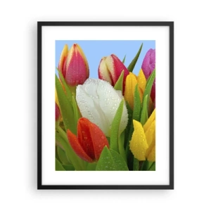 Affiche dans un cadre noir - Poster - Un arc-en-ciel fleuri en gouttes de rosée - 40x50 cm