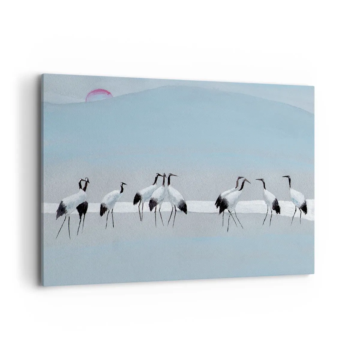 Impression sur toile - Image sur toile - Un groupe de grues contre un ciel bleu et le soleil levant - 100x70cm - Après une chaude journée - Décoration murale moderne pour le salon et la chambre ARTTOR
