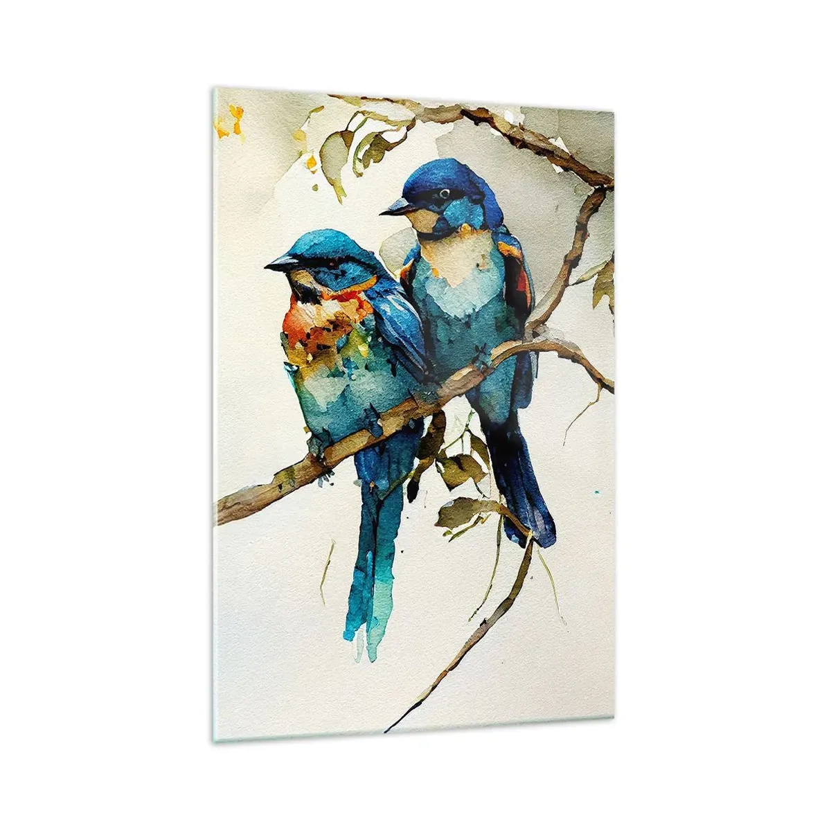 Impression sur verre - Image sur verre - Trois oiseaux colorés sur une branche dans un style aquarelle - 70x100cm - A-t-il été offensé ? - Décoration murale moderne pour le salon et la chambre ARTTOR