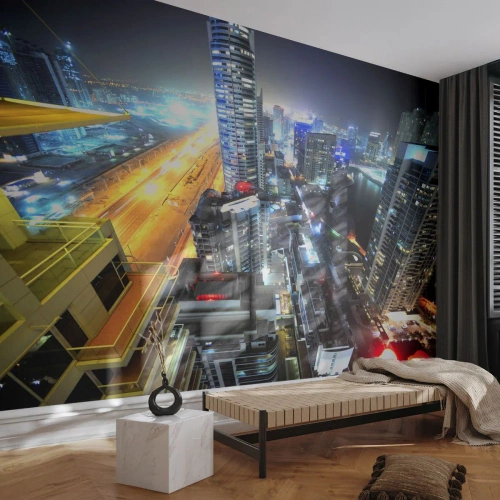 Papier Peint Photo Premium Canvas - Panorama de la ville nocturne avec des gratte-ciel illuminés - 100x70cm - Un miracle dans le désert - Décoration murale moderne pour le salon et la chambre ARTTOR