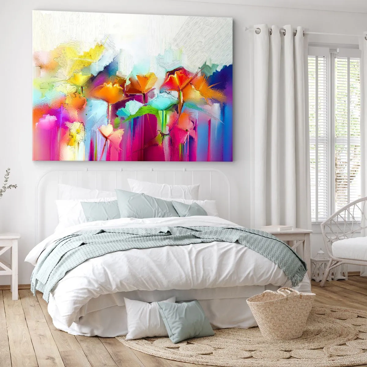 Impression sur toile - Image sur toile - Fleurs colorées abstraites sur fond clair - 70x50cm - L'arc-en-ciel s'est épanoui - Décoration murale moderne pour le salon et la chambre ARTTOR