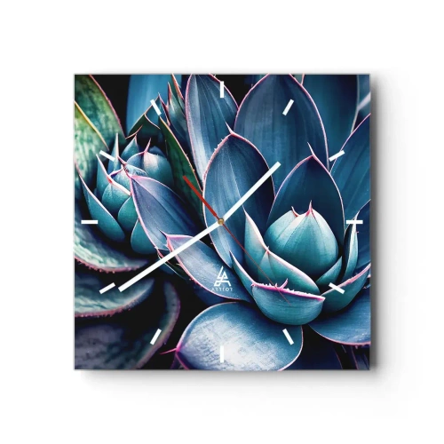 Horloge murale - Pendule murale - Agave dans des tons de bleu et de vert avec des accents roses - 30x30cm - Force vital - Décoration murale moderne pour le salon et la chambre ARTTOR