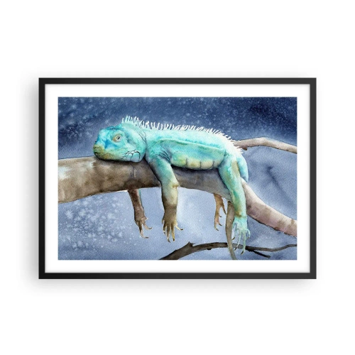 Affiche dans un cadre noir - Poster - Iguane bleu reposant sur une branche - 70x50cm - Tout va bien! - Décoration murale moderne pour le salon et la chambre ARTTOR