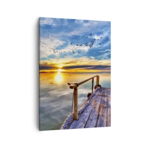 Impression sur toile - Image sur toile - Jetée en bois sur le lac au coucher du soleil - 50x70cm - Le vent se repose - Décoration murale moderne pour le salon et la chambre ARTTOR