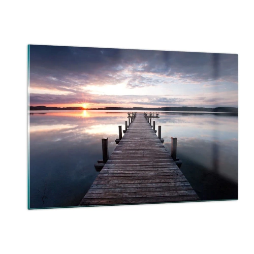 Impression sur verre - Image sur verre - Jetée en bois sur le lac au coucher du soleil - 120x80cm - Une frontière tranquille entre le jour et la nuit - Décoration murale moderne pour le salon et la chambre ARTTOR