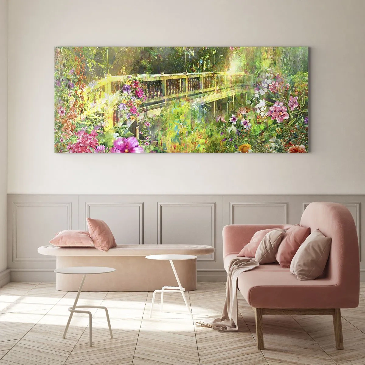 Impression sur verre - Image sur verre - Un pont entouré d'une végétation luxuriante et de fleurs - 120x50cm - Le soupire d'un pont de printemps - Décoration murale moderne pour le salon et la chambre ARTTOR