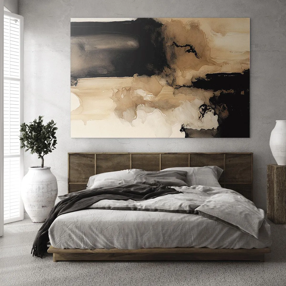 Impression sur verre - Image sur verre - Une forme abstraite en noir et marron sur fond clair - 70x50cm - Une abstraction intrigante - Décoration murale moderne pour le salon et la chambre ARTTOR