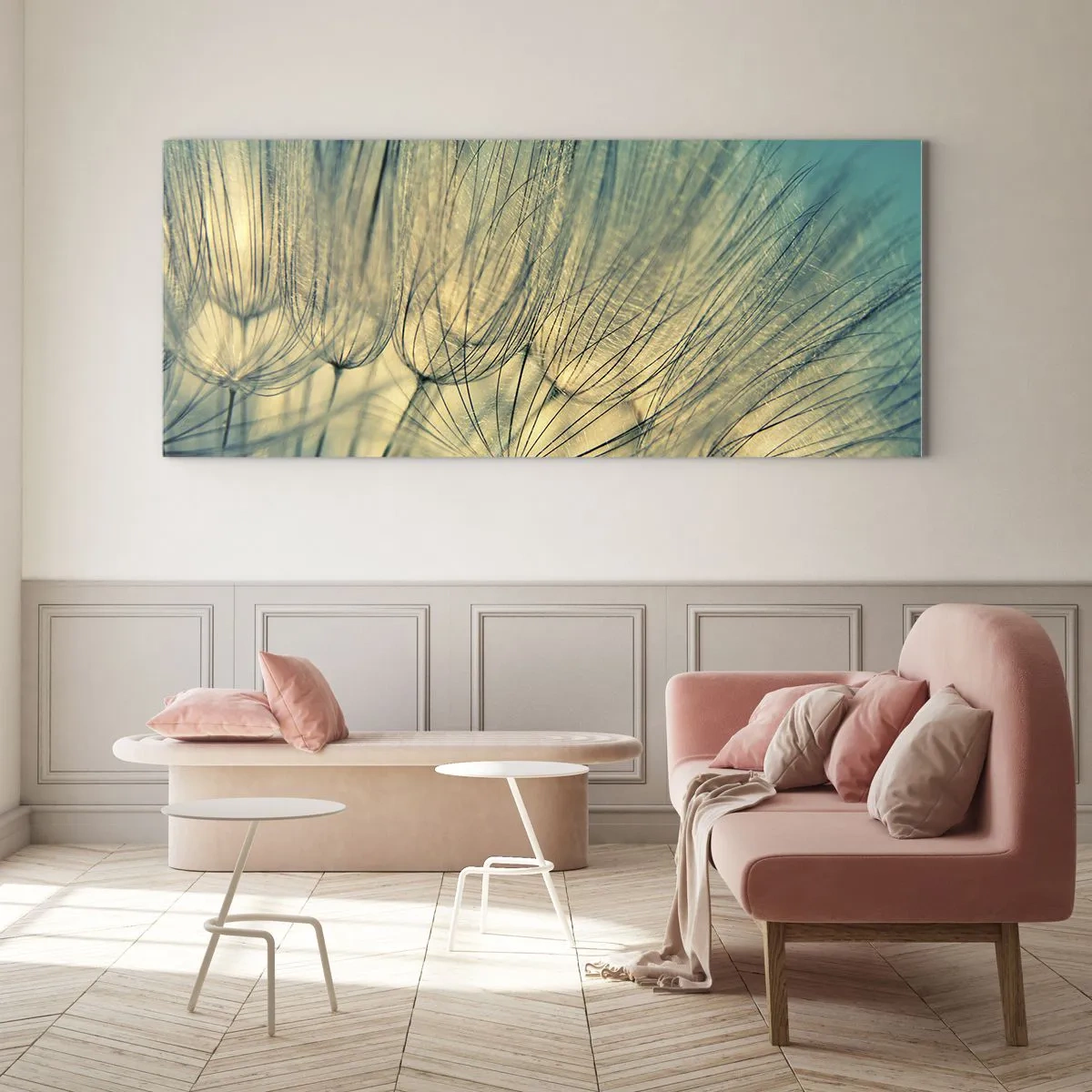 Impression sur verre - Image sur verre - Macrophotographie de pissenlits en plein jour - 120x50cm - En attente du vent - Décoration murale moderne pour le salon et la chambre ARTTOR