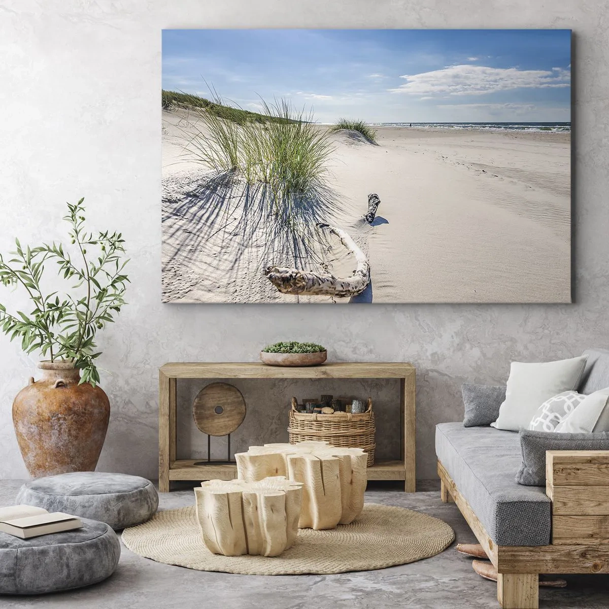Impression sur toile - Image sur toile - Une plage baltique avec du sable, de l'herbe et un ciel bleu calme - 70x50cm - La plus belle? La Baltique - Décoration murale moderne pour le salon et la chambre ARTTOR