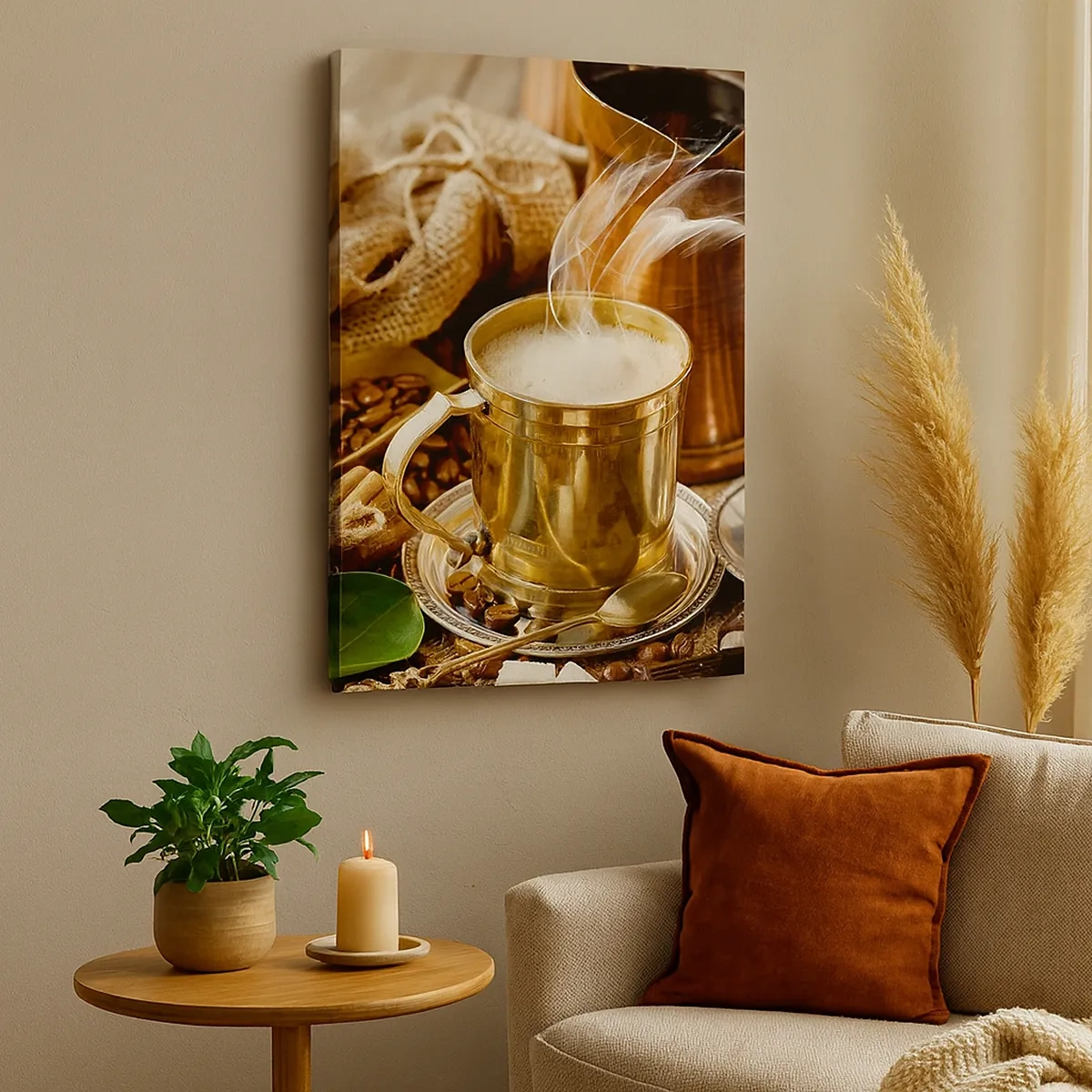 Impression sur toile - Image sur toile - Une tasse de café dorée entourée de grains, de cruches et de croissants - 50x70cm - Bonne journée! - Décoration murale moderne pour le salon et la chambre ARTTOR