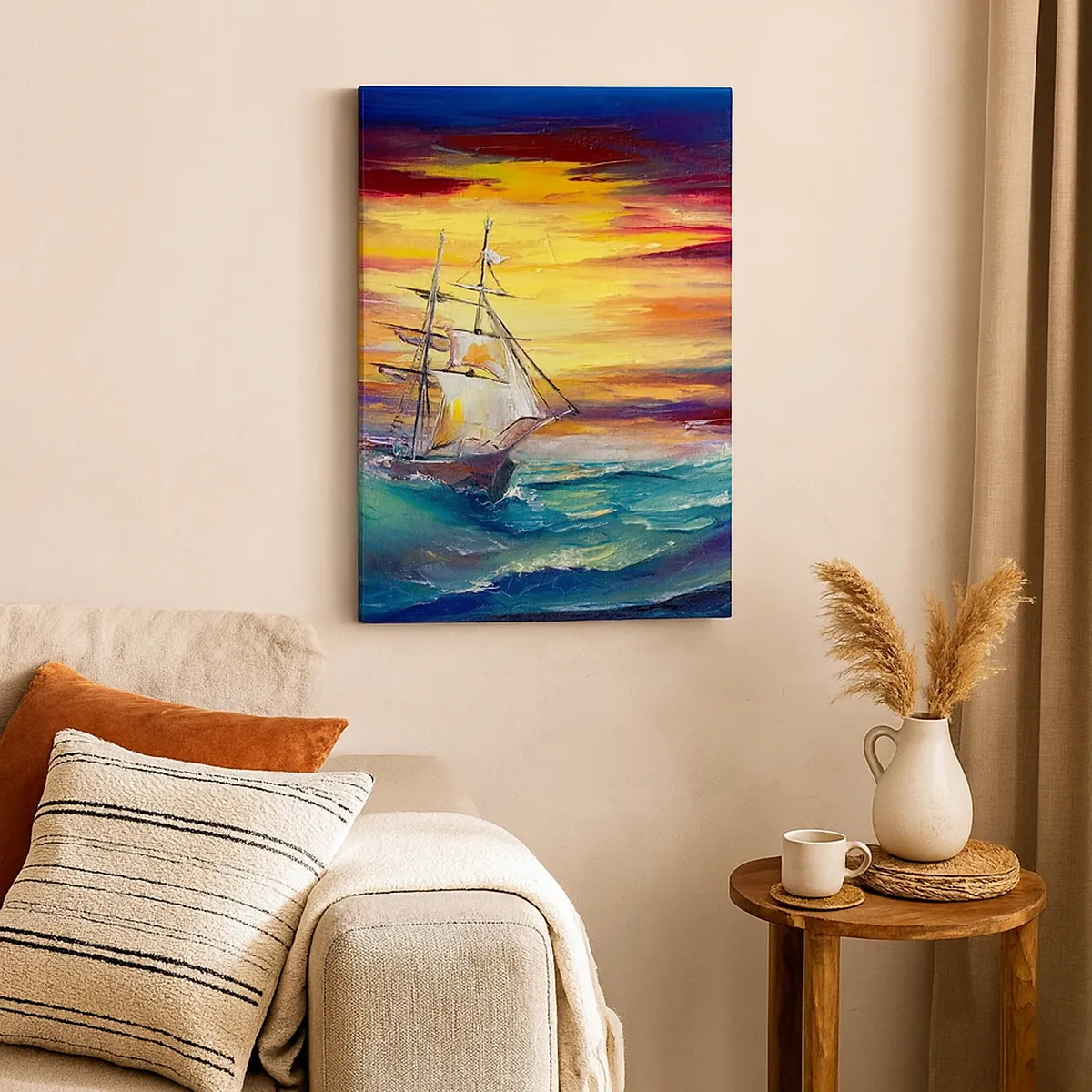 Impression sur toile - Image sur toile - Un voilier sur fond de coucher de soleil coloré - 50x70cm - Courageusement sous les vagues - Décoration murale moderne pour le salon et la chambre ARTTOR