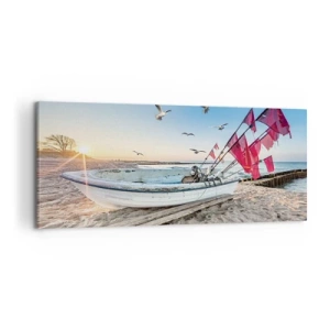 Impression sur toile - Image sur toile - Un bateau sur la plage à l'aube avec des mouettes et des drapeaux rouges - 120x50cm - Repos mérité - Décoration murale moderne pour le salon et la chambre ARTTOR