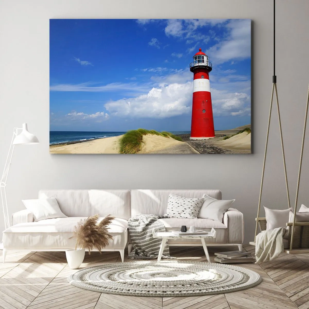 Impression sur toile - Image sur toile - Phare rouge sur la plage sous un ciel bleu - 70x50cm - Rêve de solitude - Décoration murale moderne pour le salon et la chambre ARTTOR