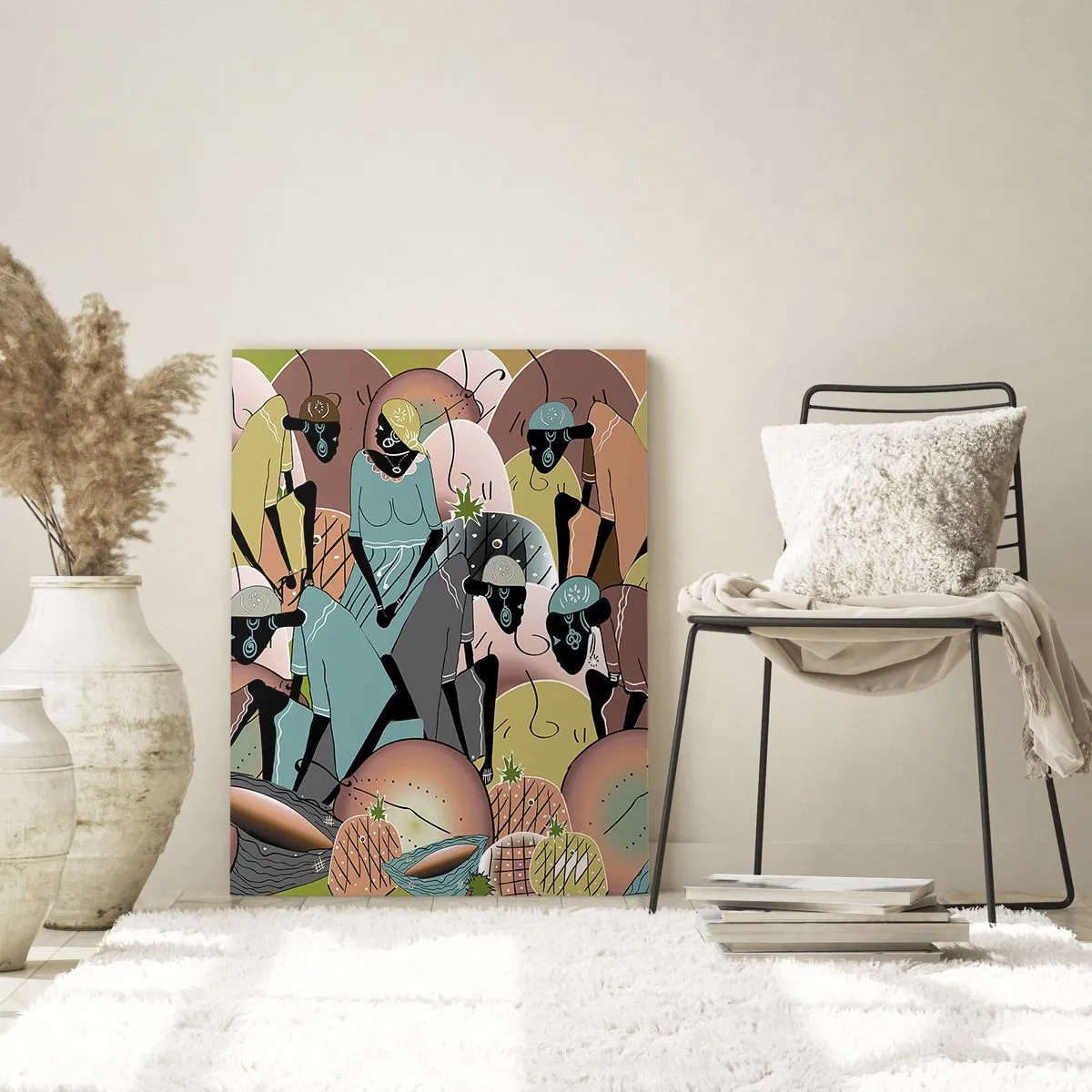 Impression sur verre - Image sur verre - Une illustration abstraite de figures dans des tons de beige, vert et rose. - 50x70cm - De grandes fêtes arrivent - Décoration murale moderne pour le salon et la chambre ARTTOR