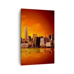 Impression sur toile - Image sur toile - Panorama de la ville au coucher du soleil avec les bâtiments se reflétant dans l'eau - 80x120cm - Panorama de grande ville en jaune et bronze - Décoration murale moderne pour le salon et la chambre ARTTOR