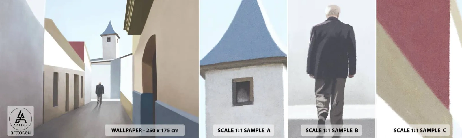 Échantillon de Papier Peint Autocollant Deluxe Sticker - Une promenade ensoleillée - Pastel, Bâtiments, Architecture - 100x30 cm