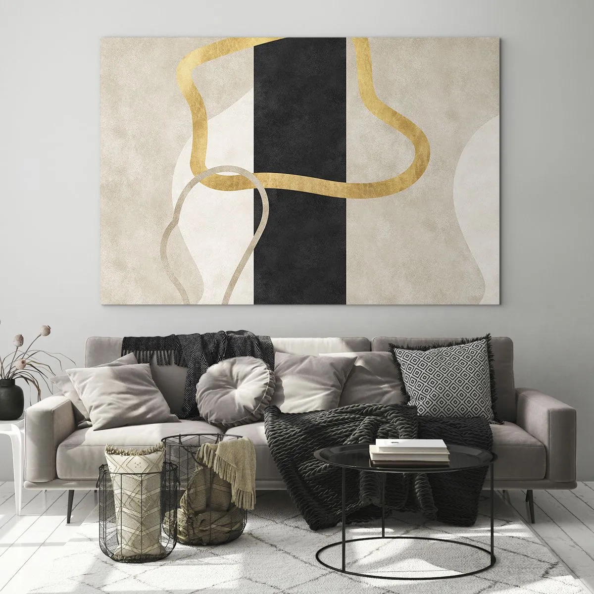 Impression sur verre - Image sur verre - Lignes dorées et beiges formant des formes en boucle sur un fond à rayures noires. - 70x50cm - Formes emmellées - Décoration murale moderne pour le salon et la chambre ARTTOR