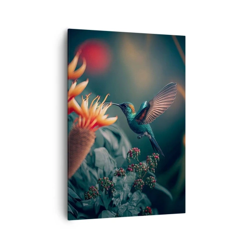 Impression sur toile - Image sur toile - Un colibri coloré parmi des fleurs sur un fond naturel - 70x100cm - une vie vraiment colorée - Décoration murale moderne pour le salon et la chambre ARTTOR