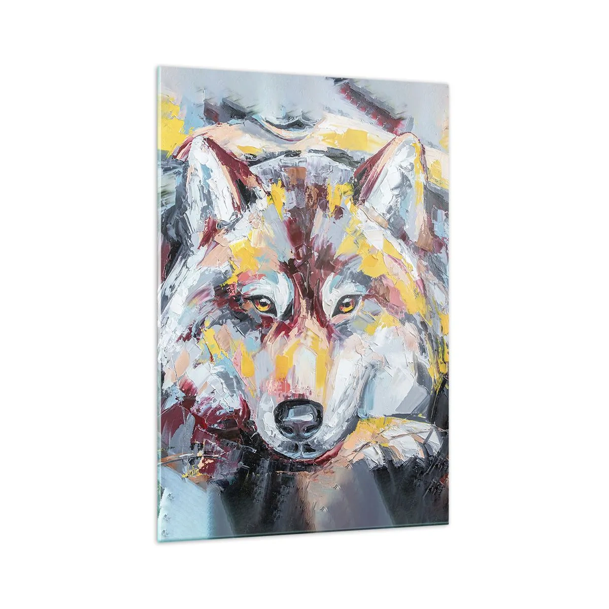 Impression sur verre - Image sur verre - Portrait artistique d'un loup aux couleurs intenses - 70x100cm - En paix au milieu des siens - Décoration murale moderne pour le salon et la chambre ARTTOR