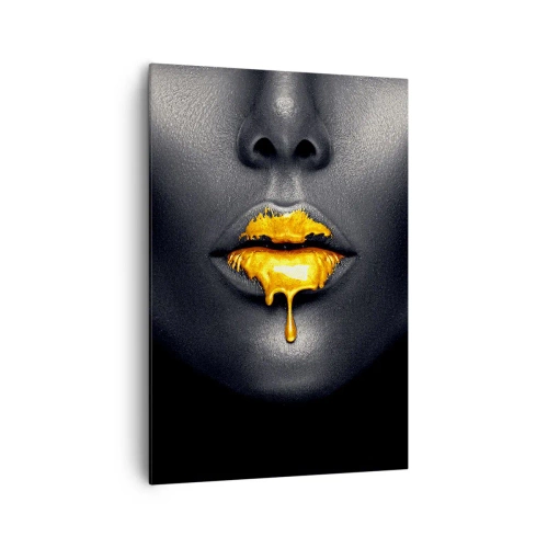 Impression sur toile - Image sur toile - Portrait noir et or d'une femme avec une goutte d'or sur les lèvres - 70x100cm - Bouche d'or - Décoration murale moderne pour le salon et la chambre ARTTOR