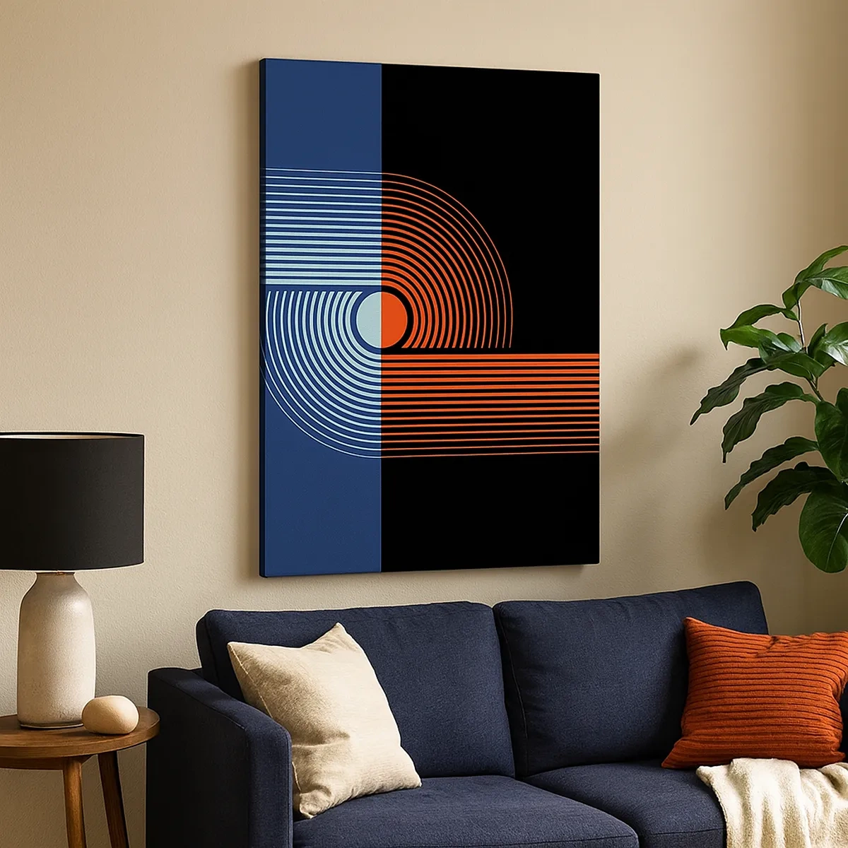 Impression sur toile - Image sur toile - Abstraction géométrique avec des lignes bleu marine et orange. - 50x70cm - Dans une étreinte géométrique - Décoration murale moderne pour le salon et la chambre ARTTOR