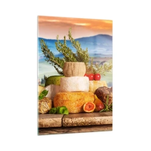 Impression sur verre - Image sur verre - Une composition de fromages et de fruits sur fond de paysage toscan - 50x70cm - La joie de vivre à l'italienne - Décoration murale moderne pour le salon et la chambre ARTTOR