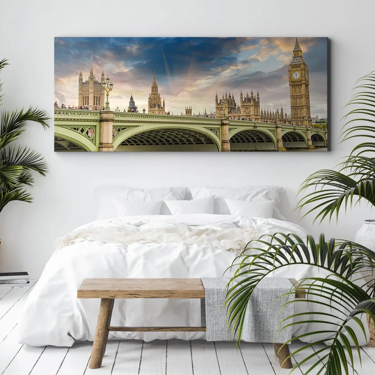 Impression sur toile - Image sur toile - Big Ben et le pont de Westminster contre le ciel au crépuscule - 140x50cm - Le temps s'est arrêté dans l'Empire - Décoration murale moderne pour le salon et la chambre ARTTOR