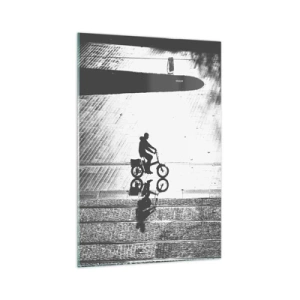 Impression sur verre - Image sur verre - Silhouette noire et blanche d'un cycliste sur une rue mouillée - 70x100cm - Devant moi, à travers la ville - Décoration murale moderne pour le salon et la chambre ARTTOR