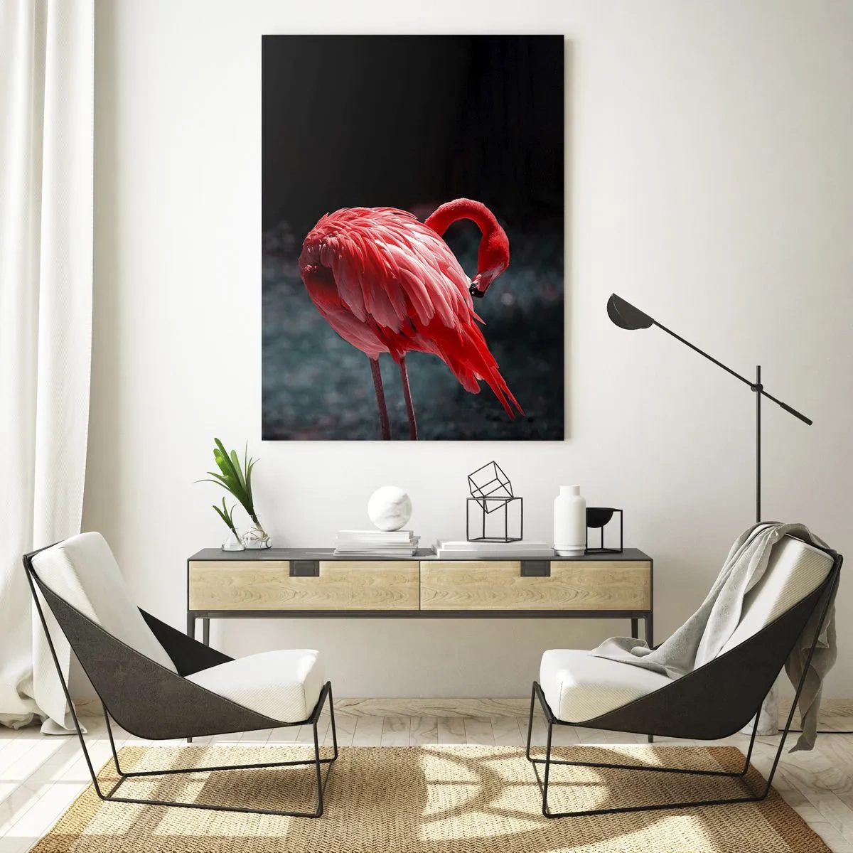 Impression sur verre - Image sur verre - Un flamant rose sur fond vert foncé - 70x100cm - Poème cramoisi de la nature - Décoration murale moderne pour le salon et la chambre ARTTOR
