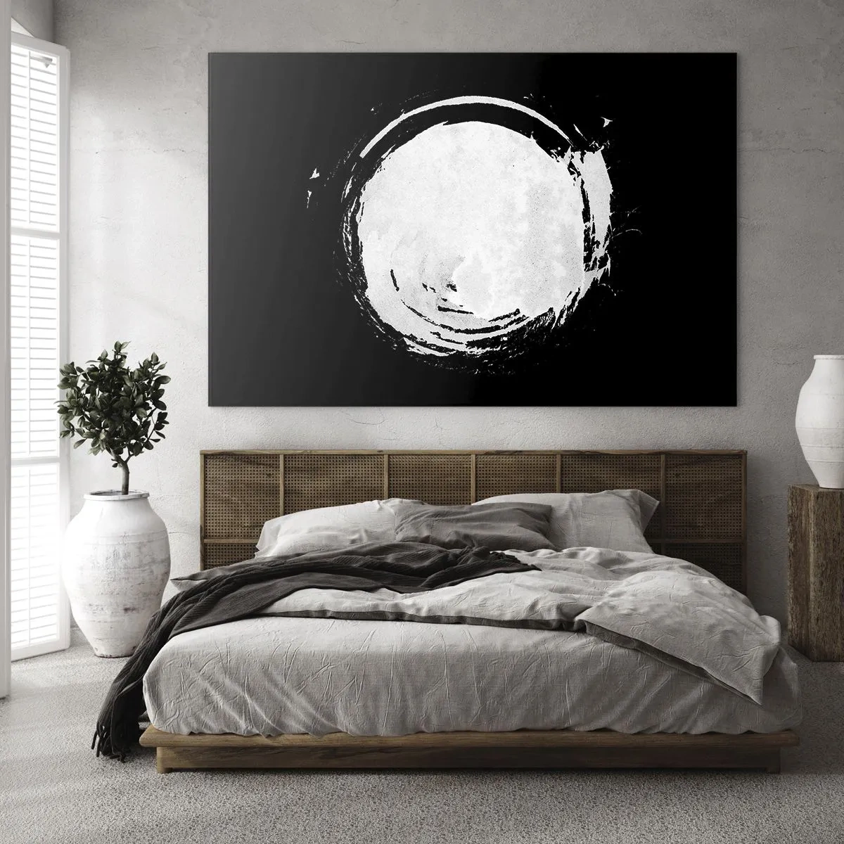 Impression sur verre - Image sur verre - Cercle abstrait blanc sur fond noir - 70x50cm - Belle sortie - Décoration murale moderne pour le salon et la chambre ARTTOR