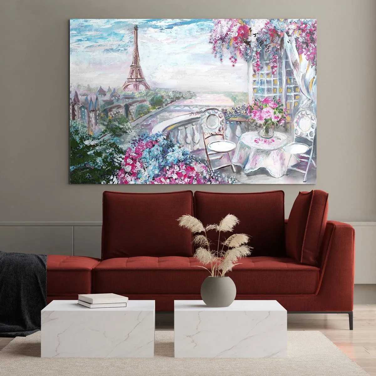 Impression sur verre - Image sur verre - Illustration d'une vue de la Tour Eiffel avec un balcon rempli de fleurs - 70x50cm - C'est le plus beau ici en mai - Décoration murale moderne pour le salon et la chambre ARTTOR