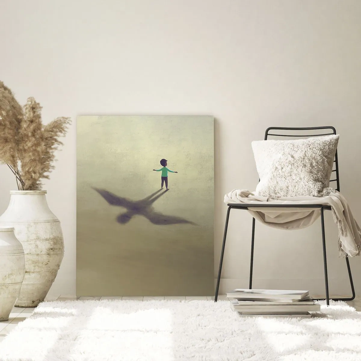 Impression sur verre - Image sur verre - Une figure symbolique d'un enfant avec l'ombre d'un oiseau sur un fond aux tons chauds. - 70x100cm - Héros du futur - Décoration murale moderne pour le salon et la chambre ARTTOR