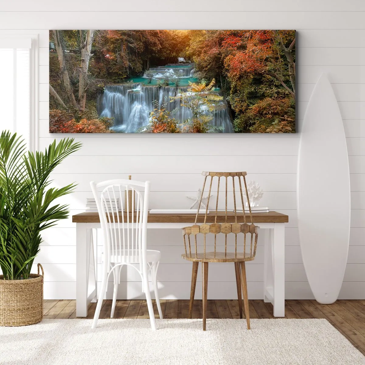 Impression sur toile - Image sur toile - Cascade d'automne entourée d'arbres colorés au soleil - 120x50cm - Trésor caché de la forêt - Décoration murale moderne pour le salon et la chambre ARTTOR