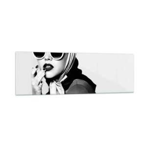 Impression sur verre - Image sur verre - Portrait en noir et blanc d'une femme portant des lunettes et un foulard - 160x50cm - Salutations des années 60 - Décoration murale moderne pour le salon et la chambre ARTTOR