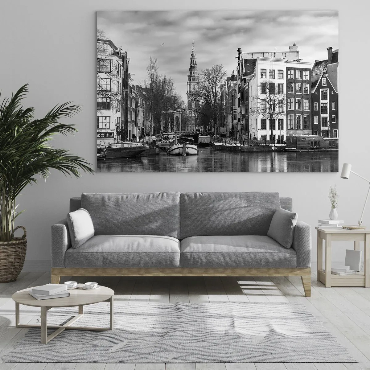 Impression sur verre - Image sur verre - Vue en noir et blanc d'un canal à Amsterdam - 100x70cm - Climat d'Amsterdam - Décoration murale moderne pour le salon et la chambre ARTTOR