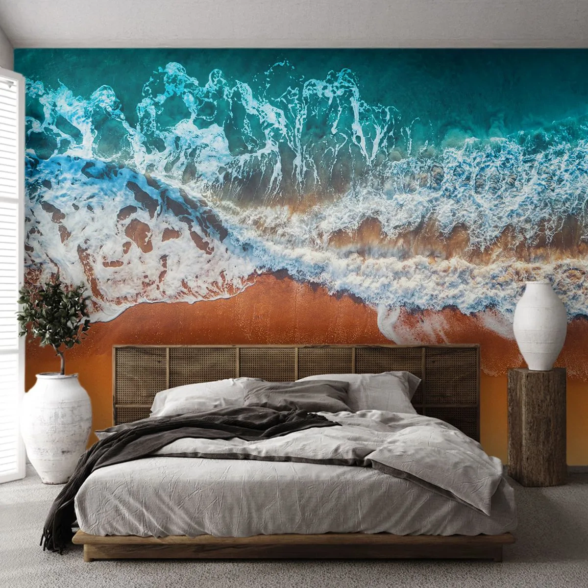 Papier Peint Photo Standard Eco - Vue aérienne des vagues de l'océan s'écrasant sur une plage de sable - 100x70cm - Toujours ensemble - Décoration murale moderne pour le salon et la chambre ARTTOR