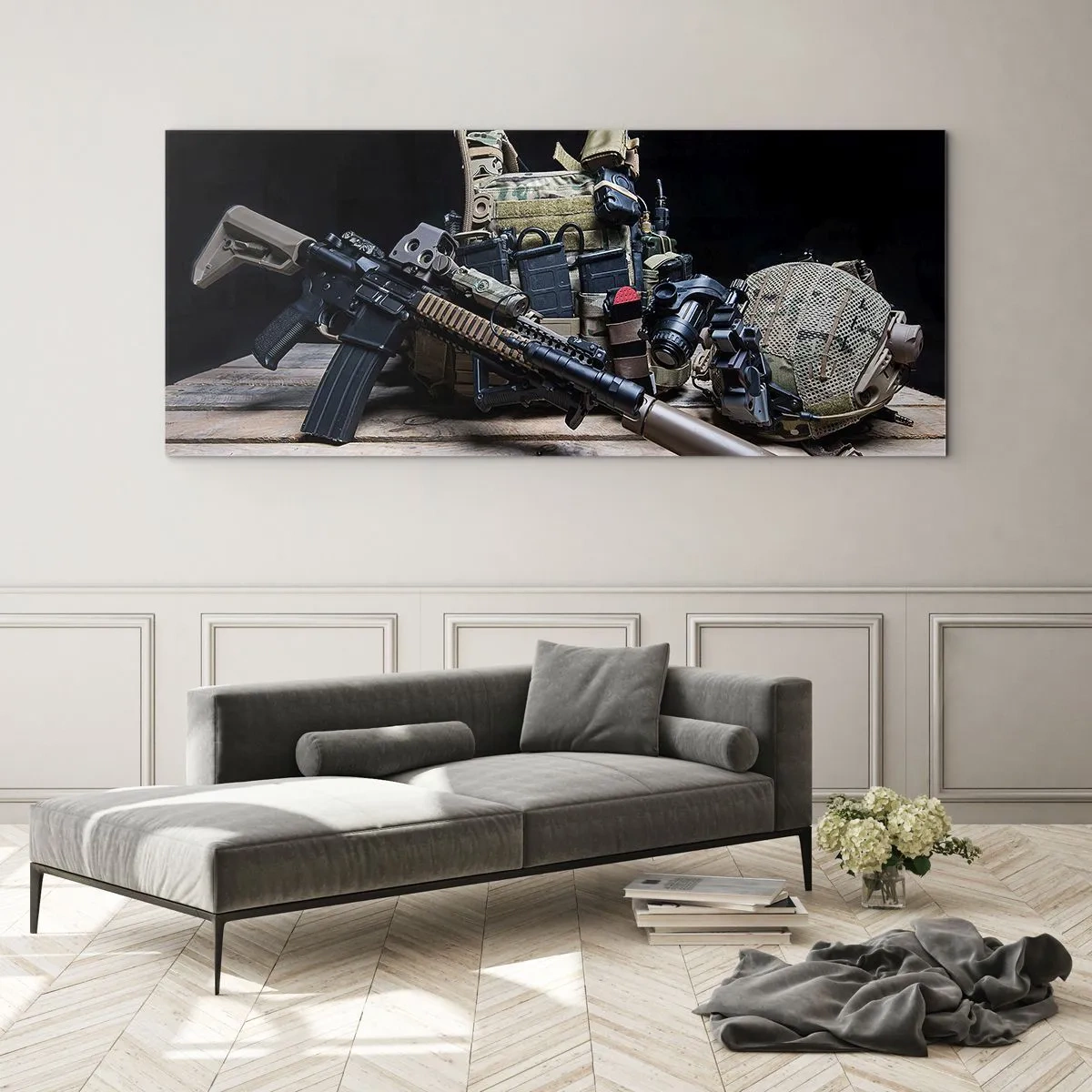 Impression sur verre - Image sur verre - Équipement tactique avec un fusil sur une table en bois - 120x50cm - Se reposer! - Décoration murale moderne pour le salon et la chambre ARTTOR