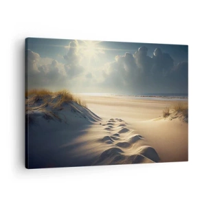 Impression sur toile - Image sur toile - Dunes dorées sur la plage au coucher du soleil avec vue sur la mer - 70x50cm - Un paysage apaisant - Décoration murale moderne pour le salon et la chambre ARTTOR