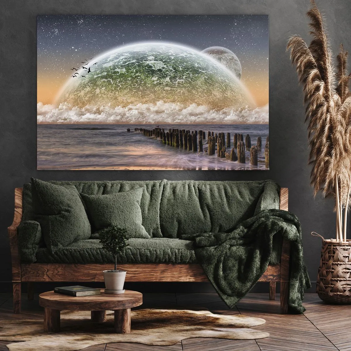Impression sur toile - Image sur toile - Un paysage fantastique avec une grande planète au-dessus de la mer et une jetée en bois. - 100x70cm - Et le monde est sorti de l'eau - Décoration murale moderne pour le salon et la chambre ARTTOR