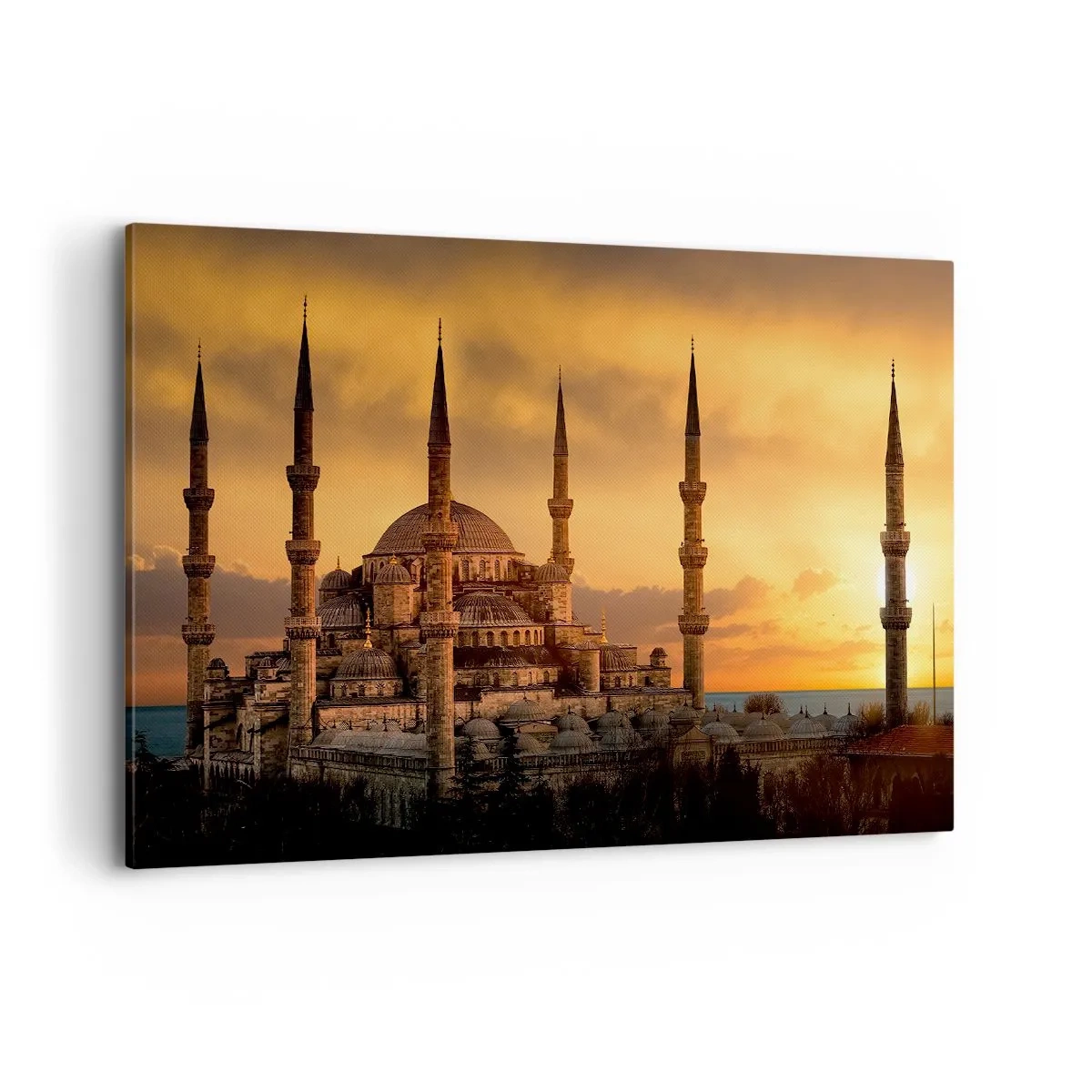 Impression sur toile - Image sur toile - La mosquée au coucher du soleil aux couleurs chaudes - 120x80cm - Dieu est grand - Décoration murale moderne pour le salon et la chambre ARTTOR