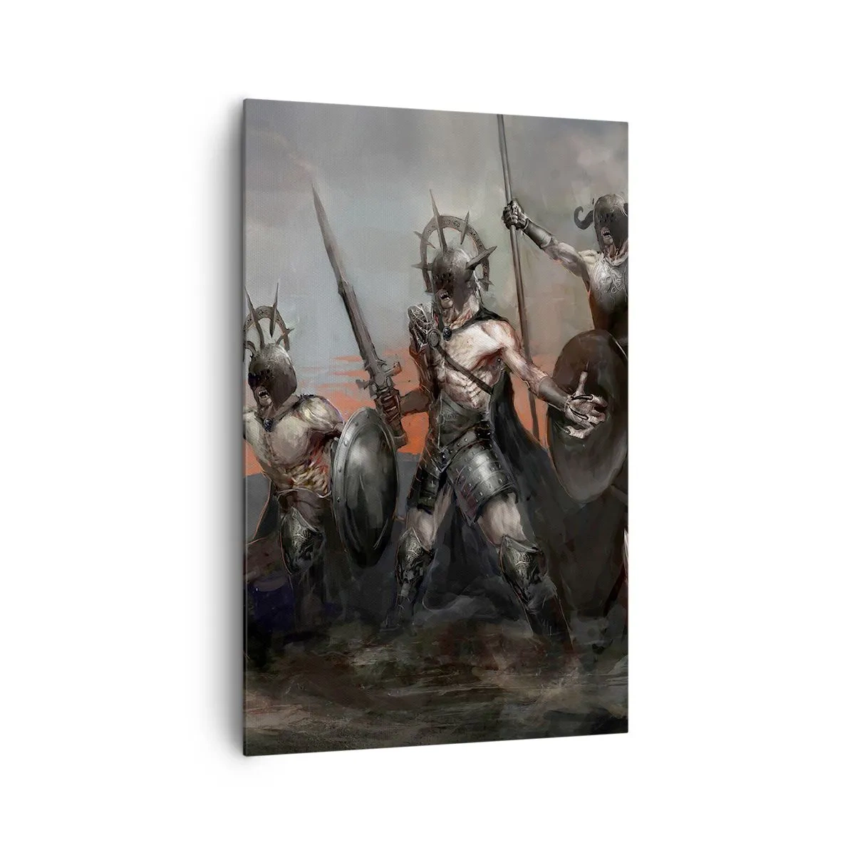 Impression sur toile - Image sur toile - Un groupe de guerriers en armure avec des lances sur fond de coucher de soleil - 80x120cm - Avec ou sur un bouclier - Décoration murale moderne pour le salon et la chambre ARTTOR