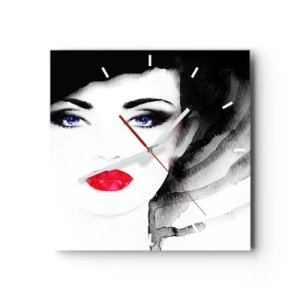 Horloge murale - Pendule murale - Portrait d'une femme aux lèvres rouges et aux yeux bleus intenses - 30x30cm - Elle repousse et attire - Décoration murale moderne pour le salon et la chambre ARTTOR