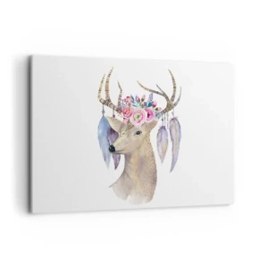 Impression sur toile - Image sur toile - Cerf romantique avec fleurs et plumes - 120x80cm - Guide de l'âme - doux, innocent - Décoration murale moderne pour le salon et la chambre ARTTOR