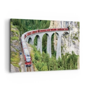 Impression sur toile - Image sur toile - Un train sur un viaduc pittoresque dans un paysage montagneux - 120x80cm - Chemin de fer avec vue sur la montagne - Décoration murale moderne pour le salon et la chambre ARTTOR