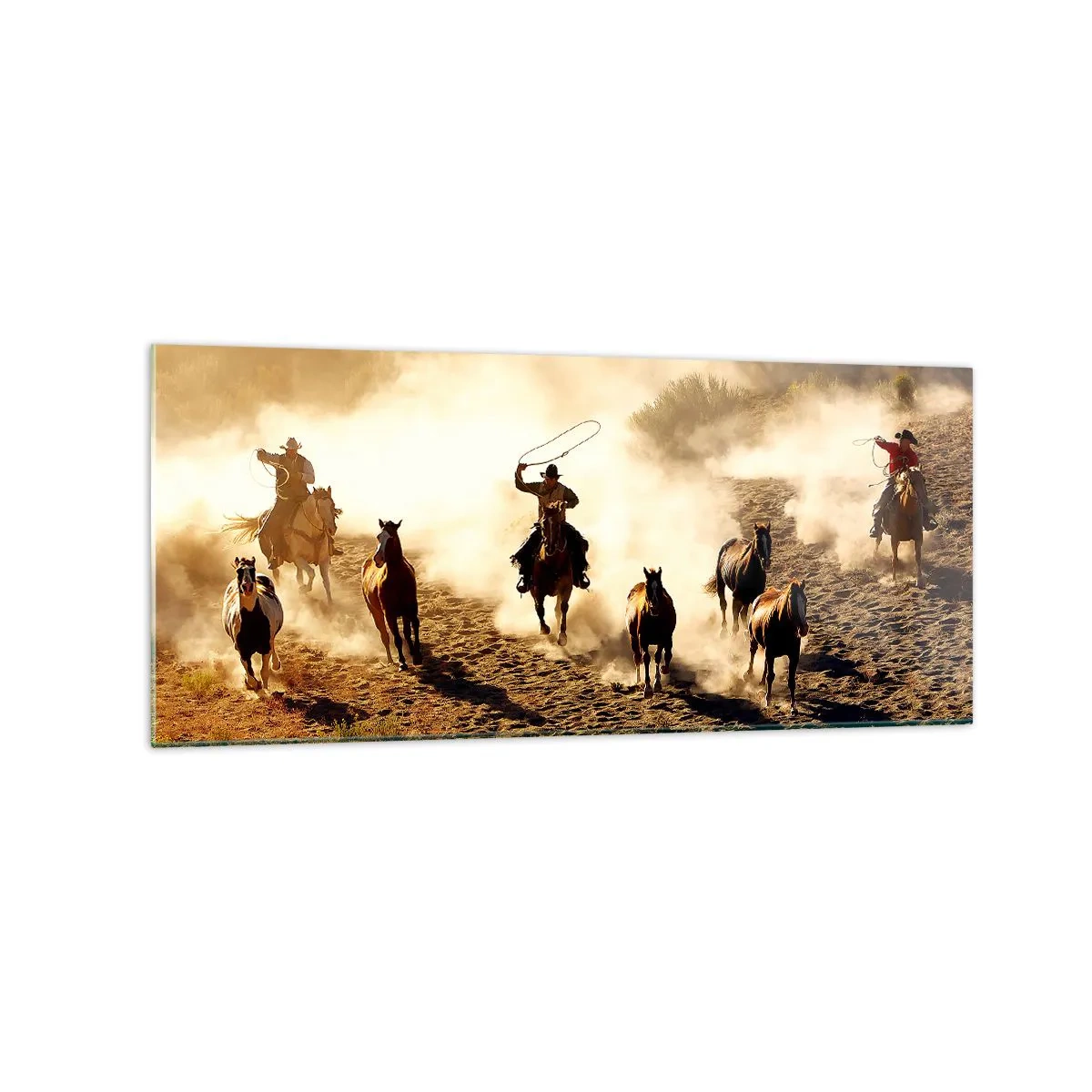 Impression sur verre - Image sur verre - Cowboys à cheval en action sur un terrain désertique - 120x50cm - L'ouest vraiment sauvage - Décoration murale moderne pour le salon et la chambre ARTTOR
