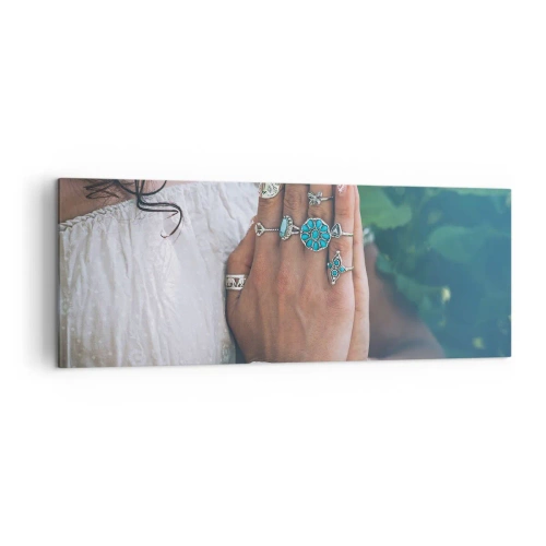 Impression sur toile - Image sur toile - Mains décorées de bijoux bohèmes - 140x50cm - Bienvenue au centre du bien-être - Décoration murale moderne pour le salon et la chambre ARTTOR