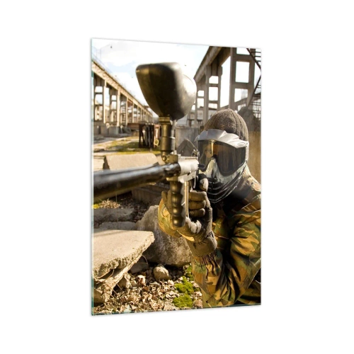 Impression sur verre - Image sur verre - Un joueur de paintball en tenue de camouflage visant un marqueur - 70x100cm - Et vous pouvez devenir un héros - Décoration murale moderne pour le salon et la chambre ARTTOR