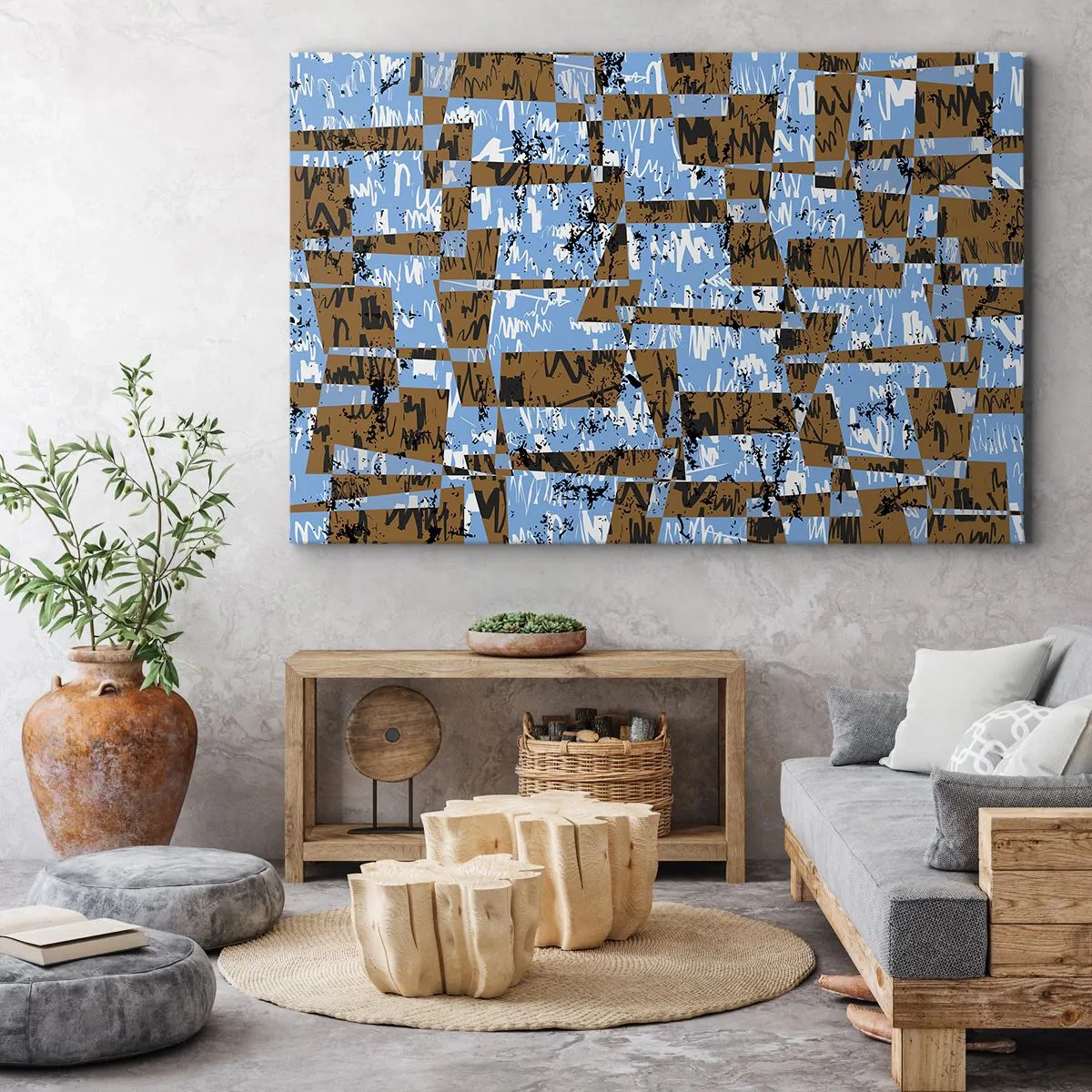 Impression sur toile - Image sur toile - Une composition abstraite de rectangles dans des tons de marron et de bleu. - 70x50cm - Une découpe non humaine - Décoration murale moderne pour le salon et la chambre ARTTOR