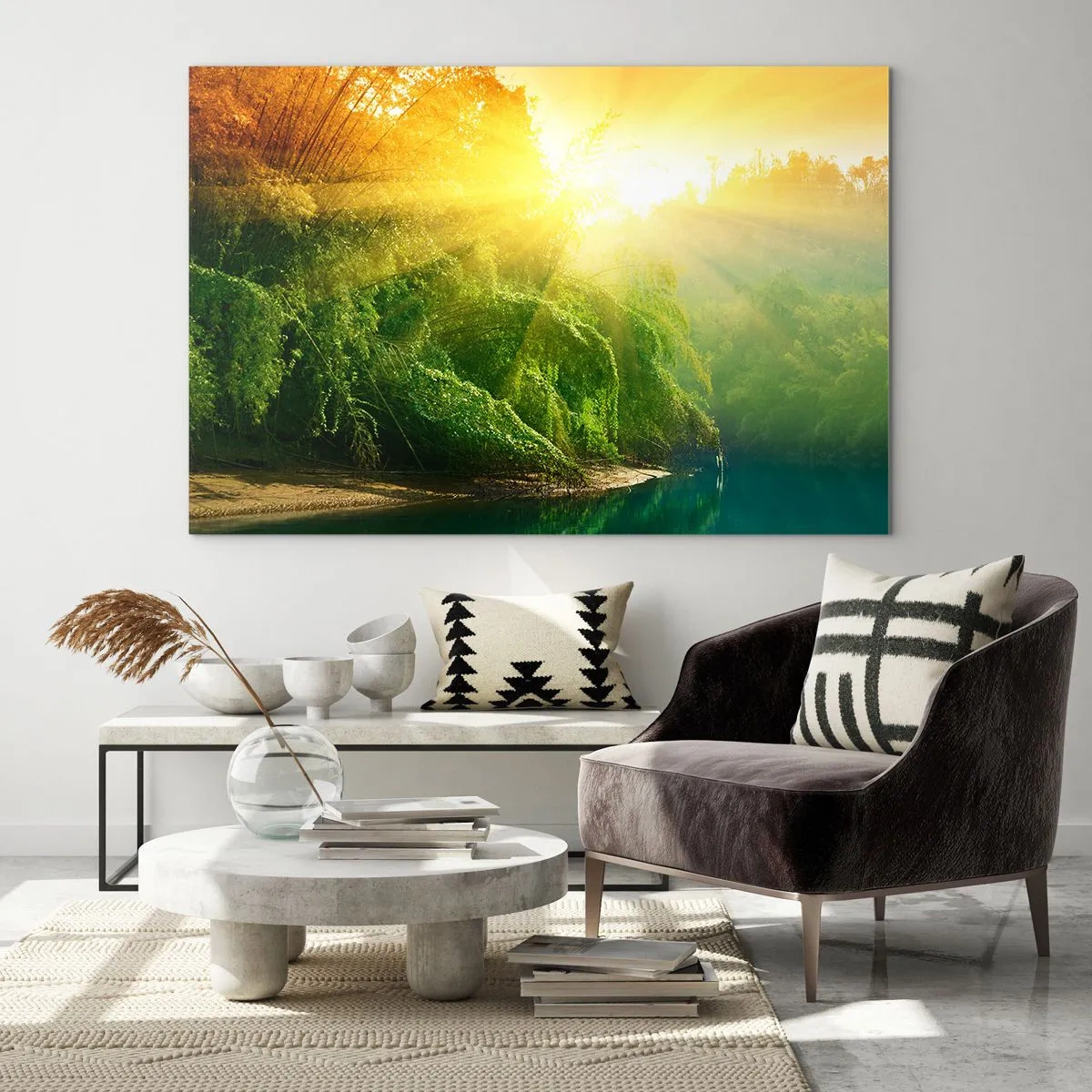 Impression sur verre - Image sur verre - Rayons de soleil sur la végétation verte au bord de la rivière - 70x50cm - Se noyer au soleil et à l'ombre - Décoration murale moderne pour le salon et la chambre ARTTOR